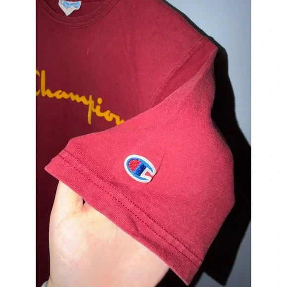 Champion Mens Maroon Burgundy Short Sleeve Script Logo T-Shirt Small - Picture 3 of 5
